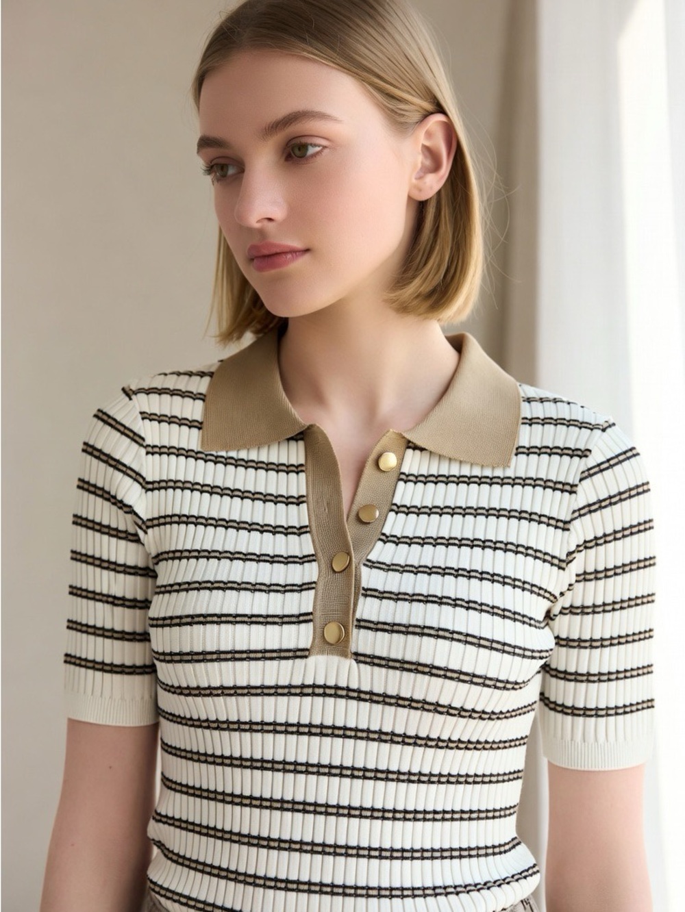 White House Black Market Cream & Black Striped Polo Knit Top